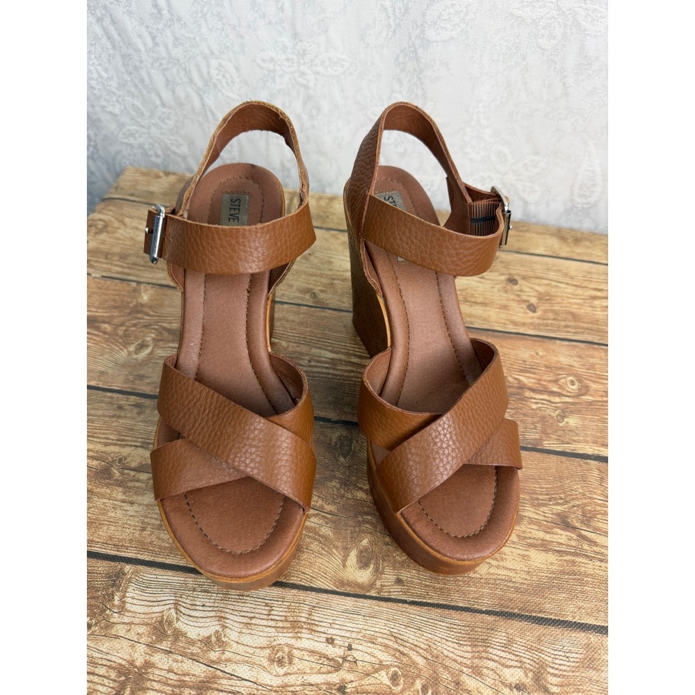 Steve Madden Womens 7 Brown Platform Wedge Sandals Faux Leather Y2K Boho Strappy - Picture 4 of 11